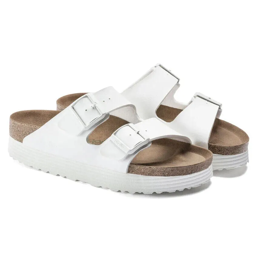 Birkenstock Arizona 1018581 Slide Sandals Women's White Grooved Platform NR9231