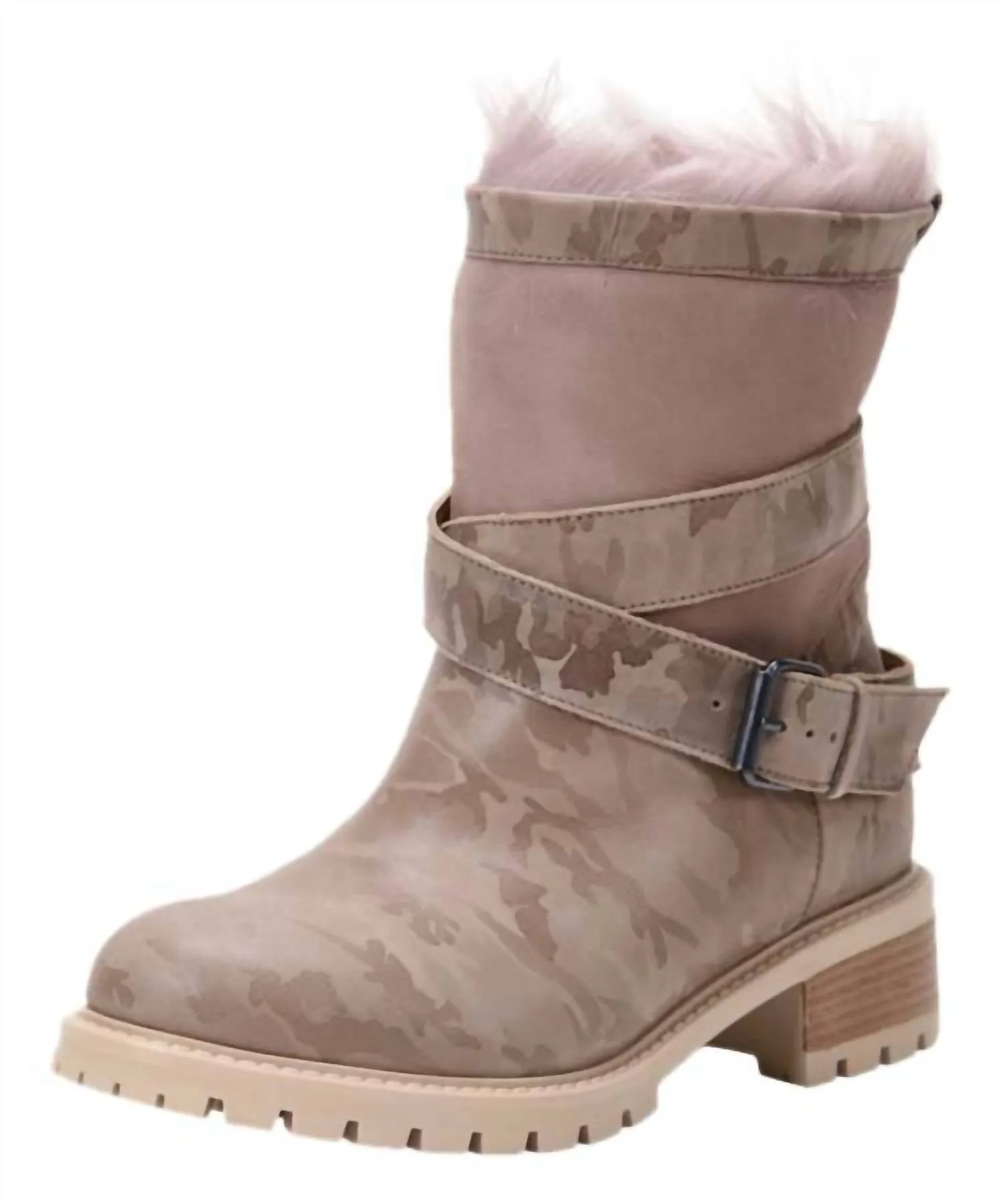 Emilina Weatherproof Shearling Moto Boot In Blush Camo
