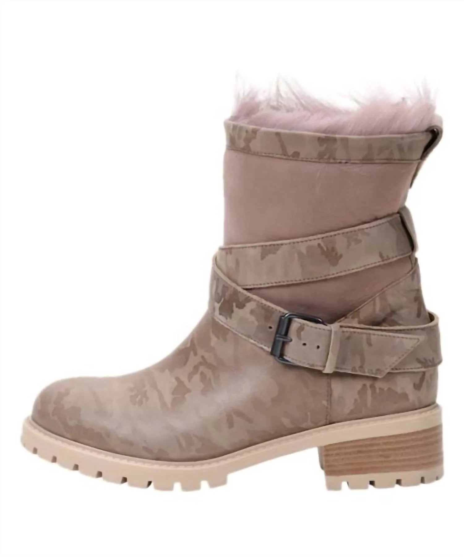 Emilina Weatherproof Shearling Moto Boot In Blush Camo