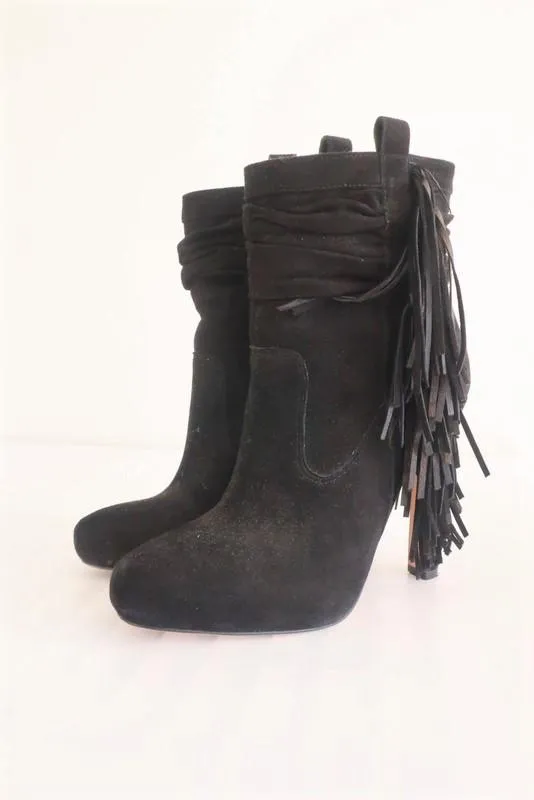 Jean-Michel Cazabat Fringe Ankle Boots Pampa Black Suede Size 35 High Heel