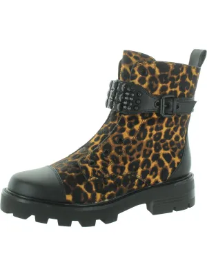 Maeva Womens Leather Calf Hair Combat & Lace-Up Boots