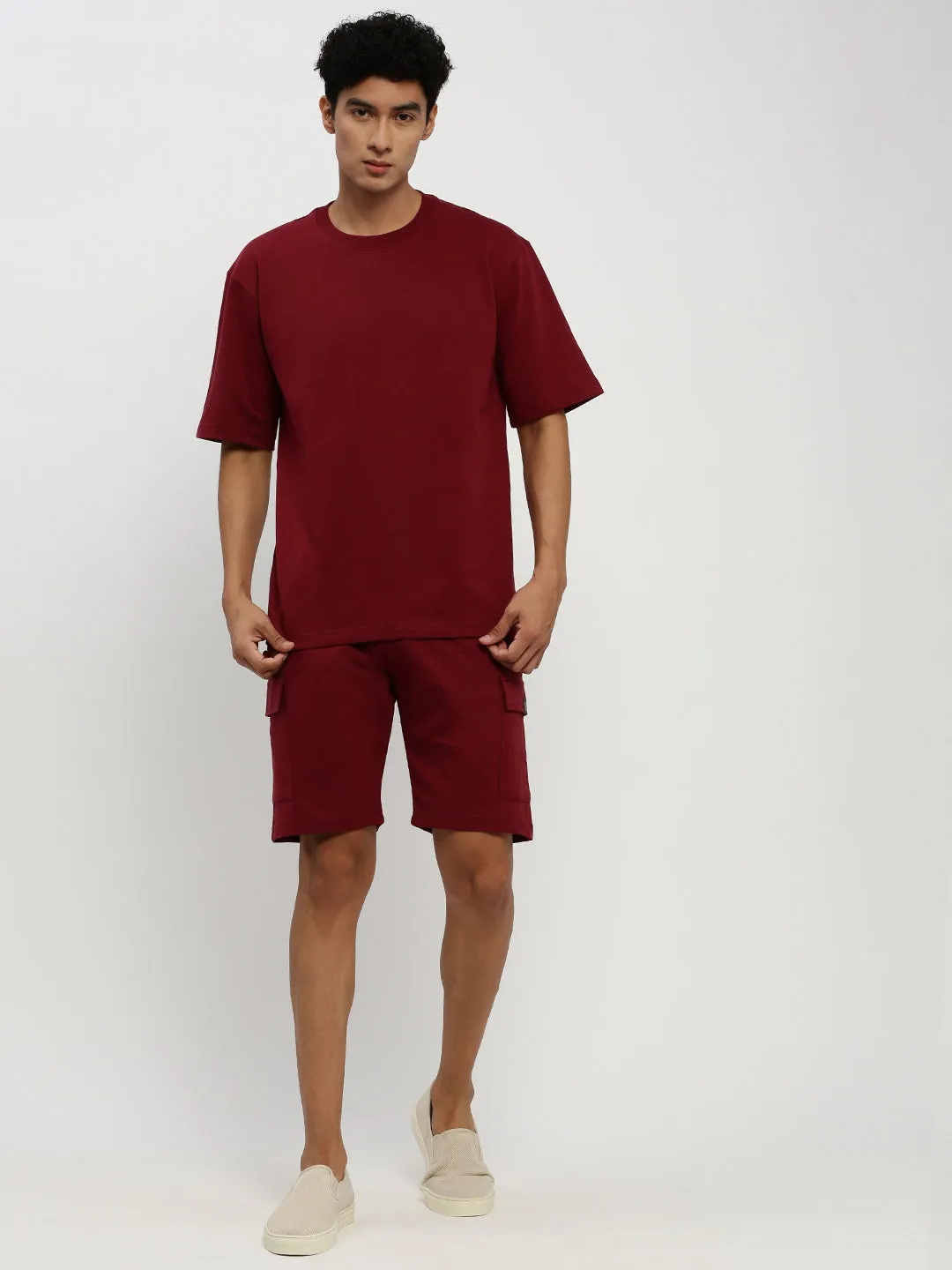 Men Maroon Round Neck T-Shirt & Shorts Co ords Set