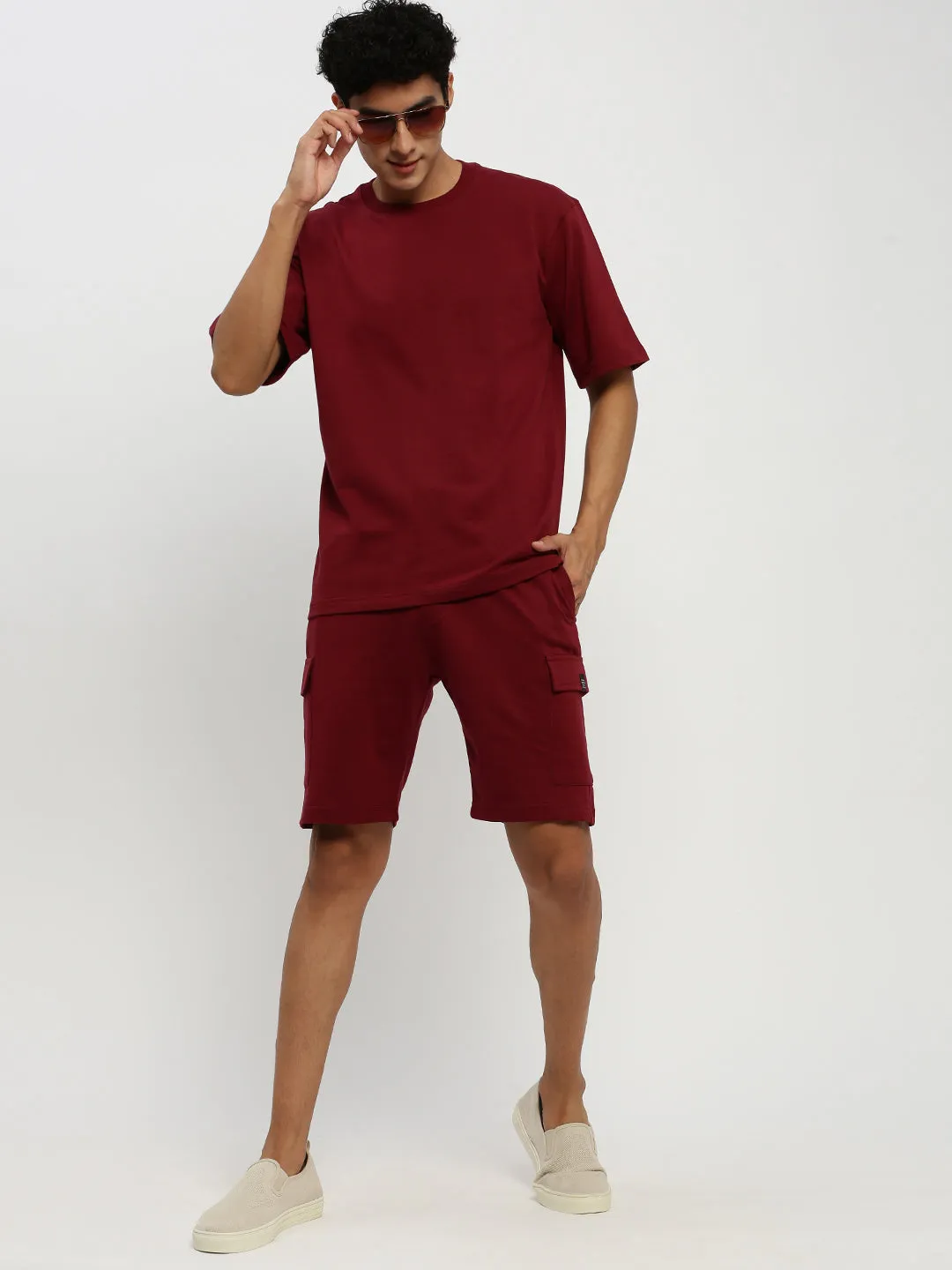 Men Maroon Round Neck T-Shirt & Shorts Co ords Set