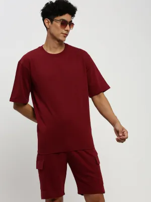 Men Maroon Round Neck T-Shirt & Shorts Co ords Set