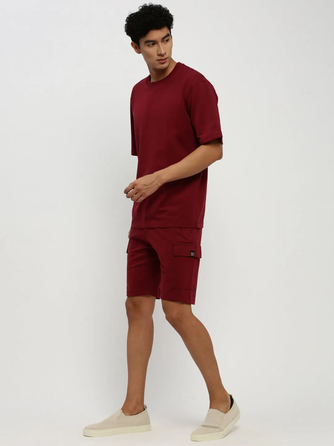 Men Maroon Round Neck T-Shirt & Shorts Co ords Set