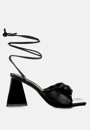 primavera ruched strap triangular heel lace up sandal