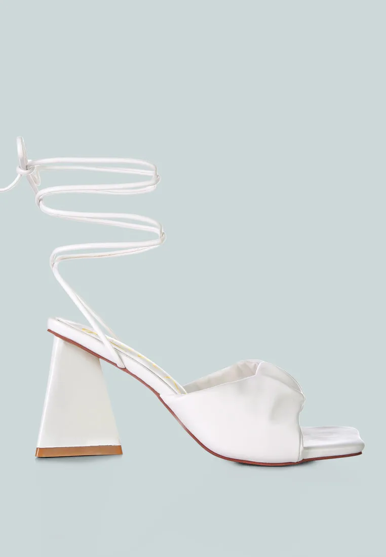 primavera ruched strap triangular heel lace up sandal