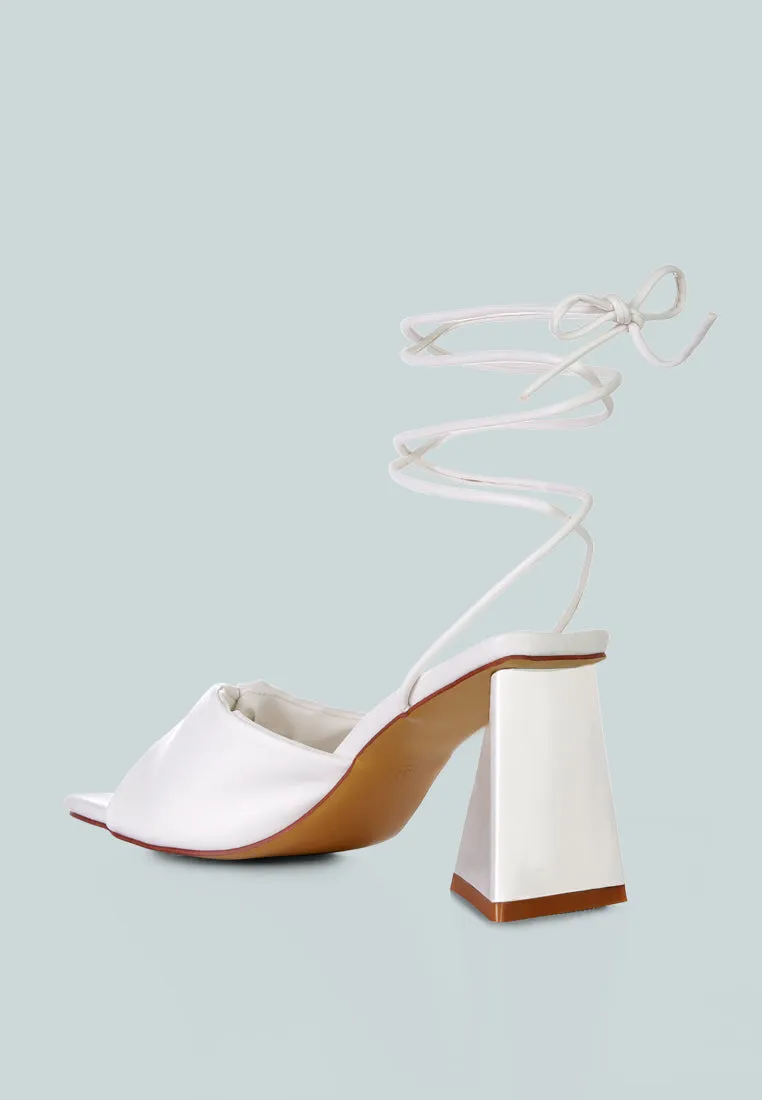 primavera ruched strap triangular heel lace up sandal