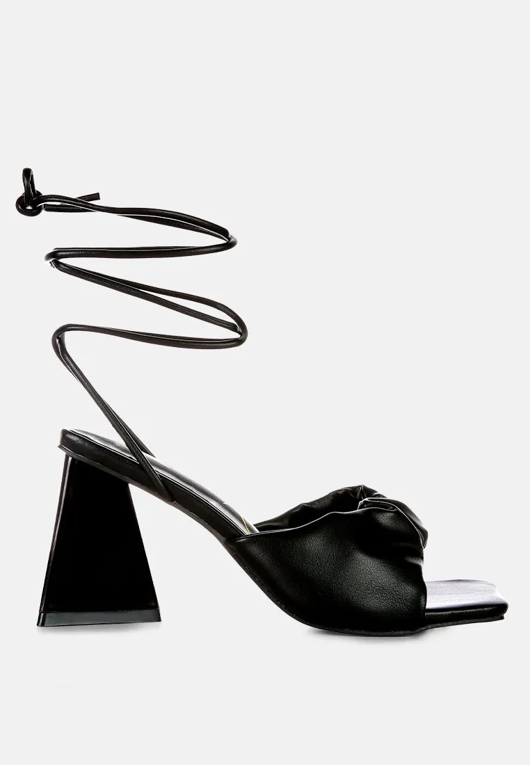 primavera ruched strap triangular heel lace up sandal