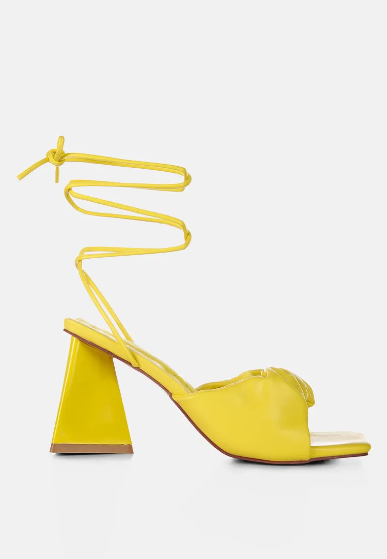 primavera ruched strap triangular heel lace up sandal
