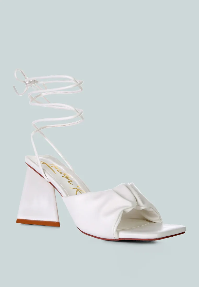 primavera ruched strap triangular heel lace up sandal