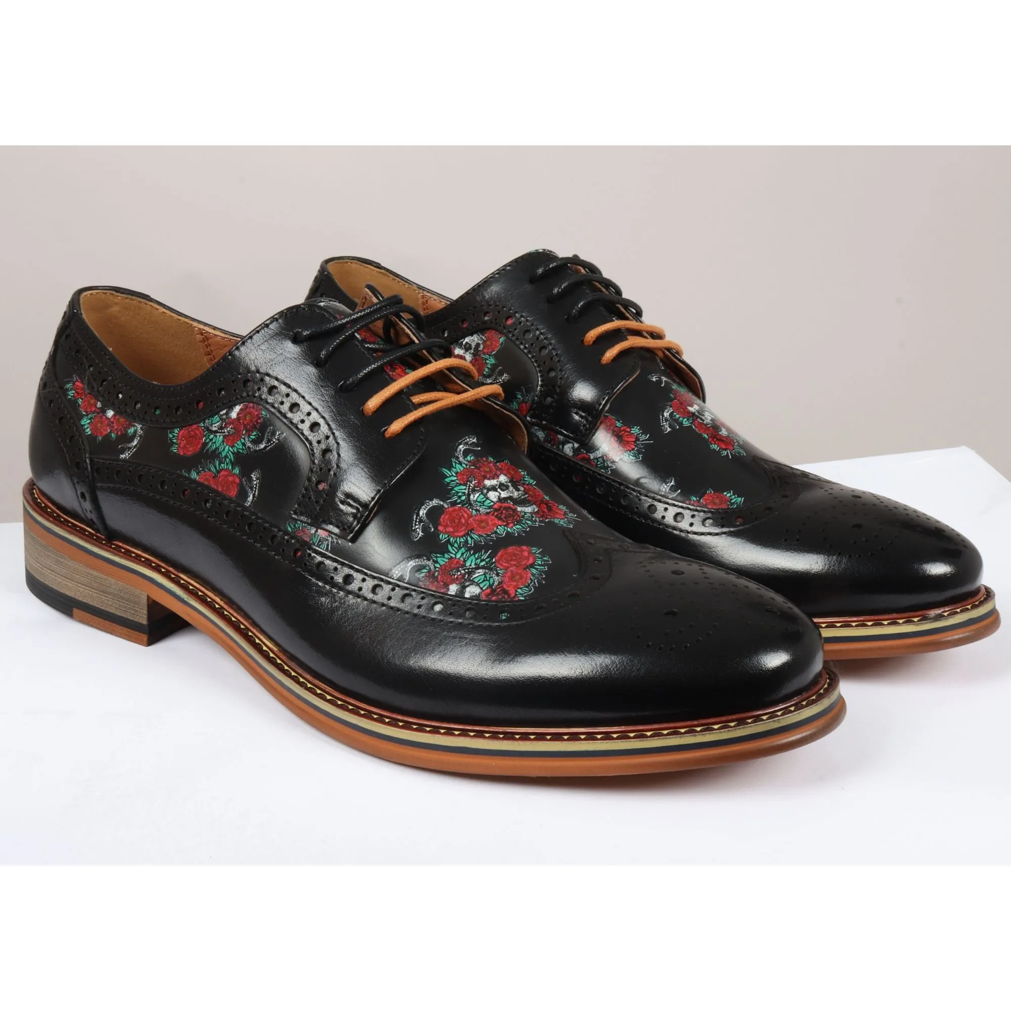 Ross Floral Skull Print Leather Oxford Brogue Lace Up Formal Dress Shoe