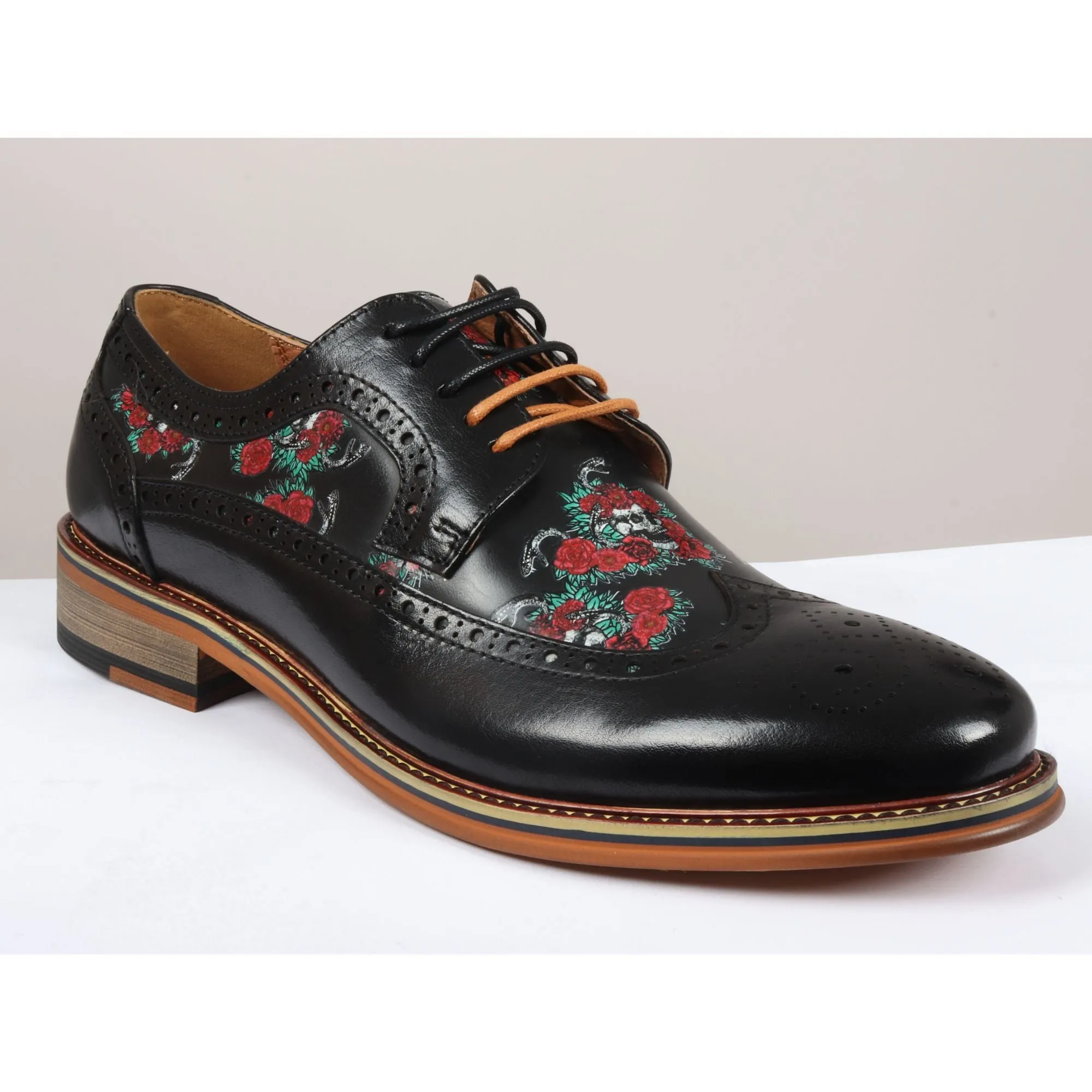 Ross Floral Skull Print Leather Oxford Brogue Lace Up Formal Dress Shoe
