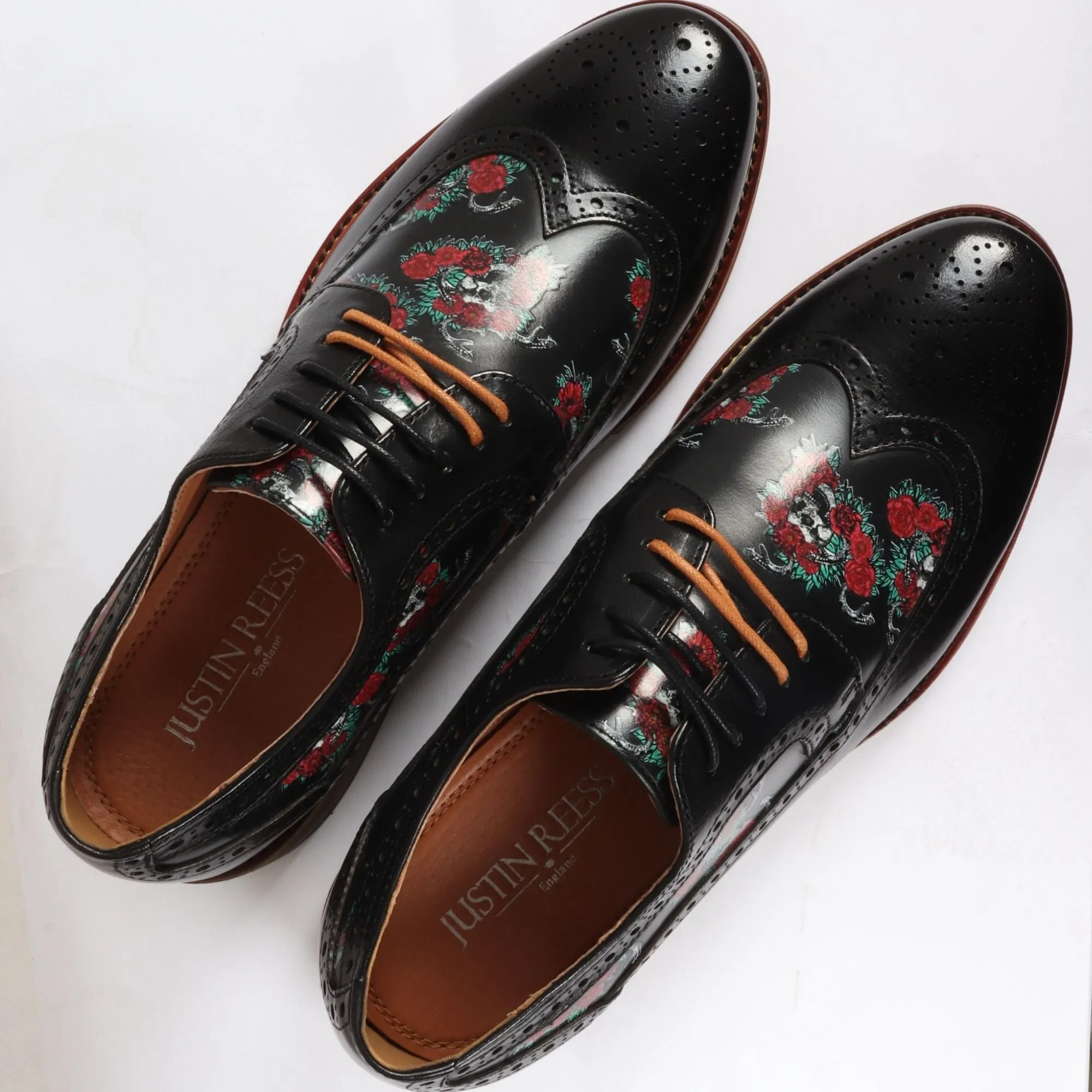 Ross Floral Skull Print Leather Oxford Brogue Lace Up Formal Dress Shoe