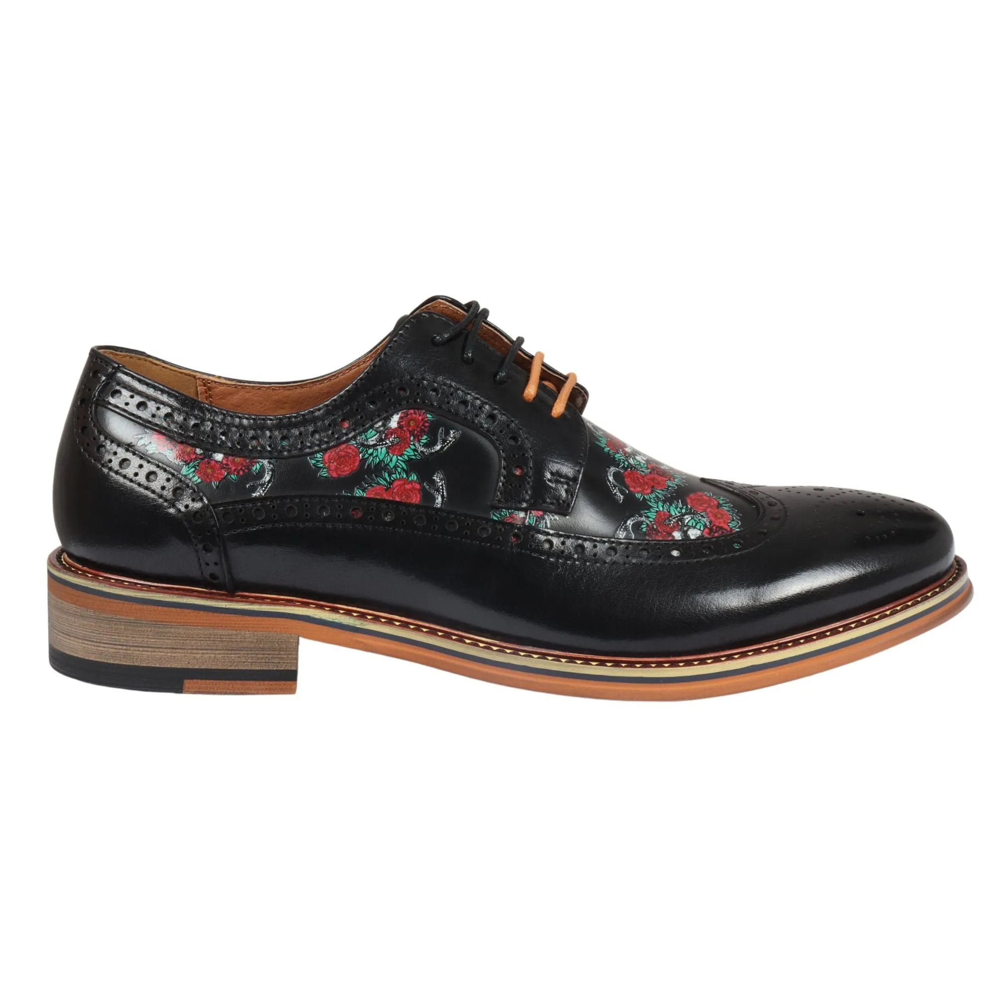 Ross Floral Skull Print Leather Oxford Brogue Lace Up Formal Dress Shoe