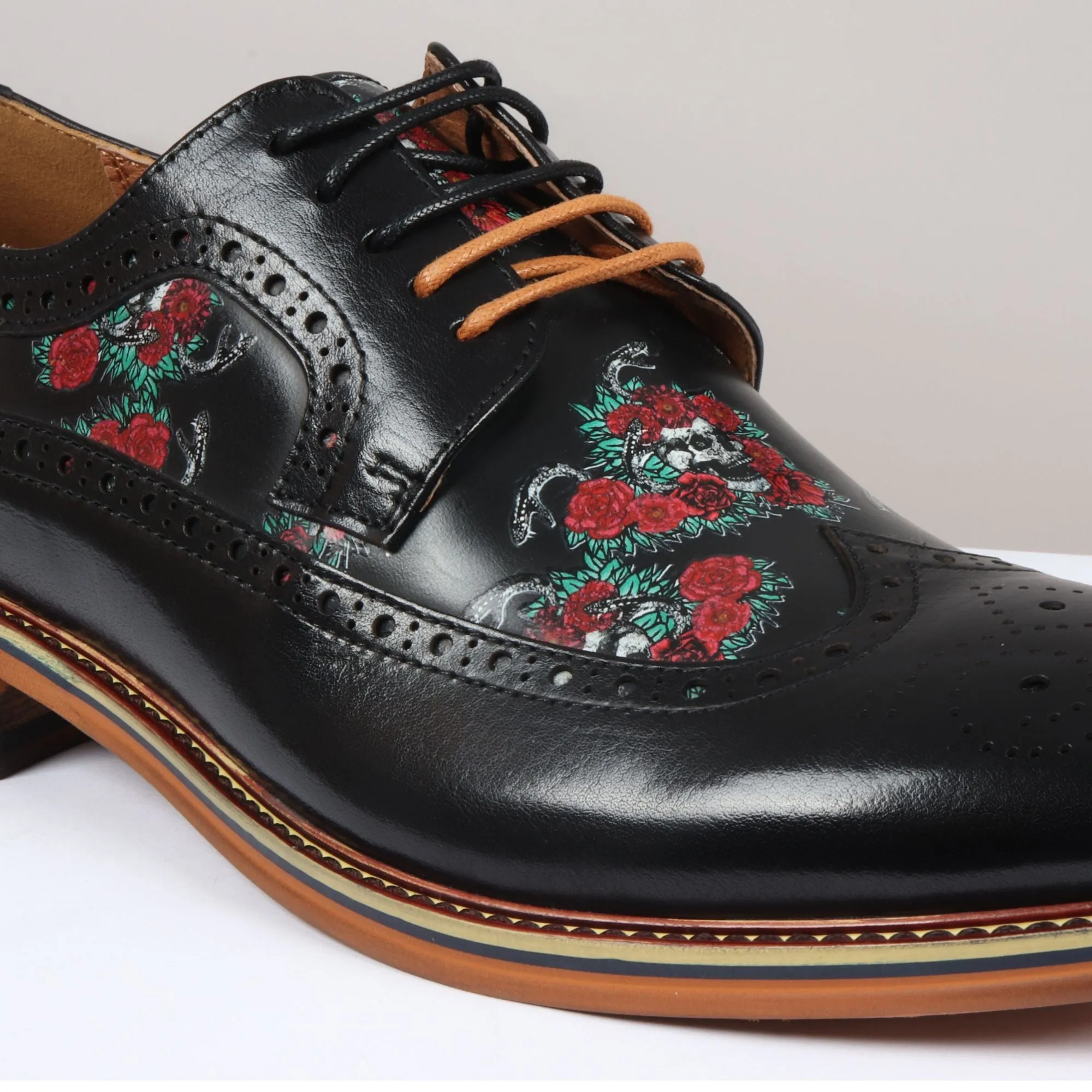 Ross Floral Skull Print Leather Oxford Brogue Lace Up Formal Dress Shoe