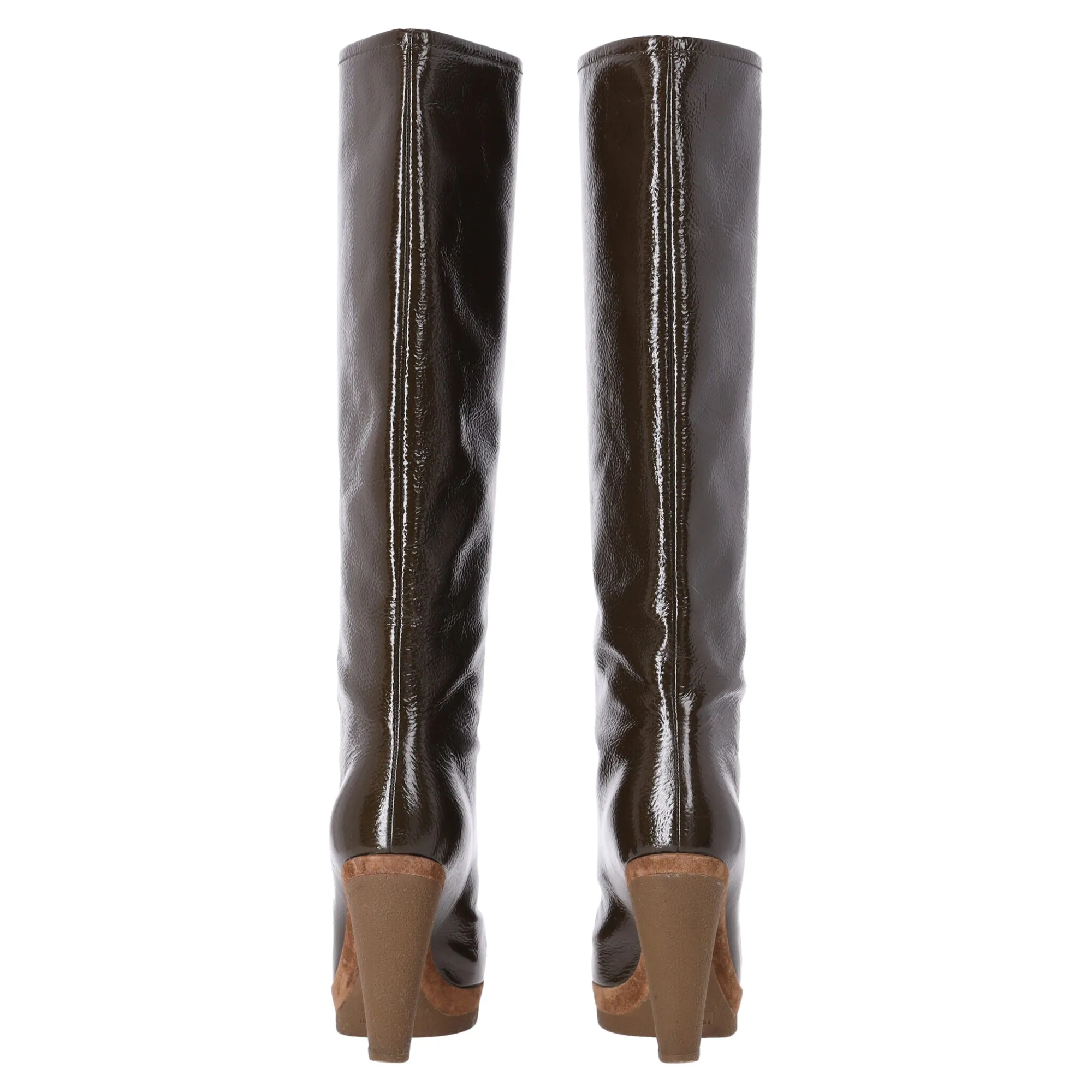 Sergio Rossi Knee-High Heeled Boots in Brown Patent Leather