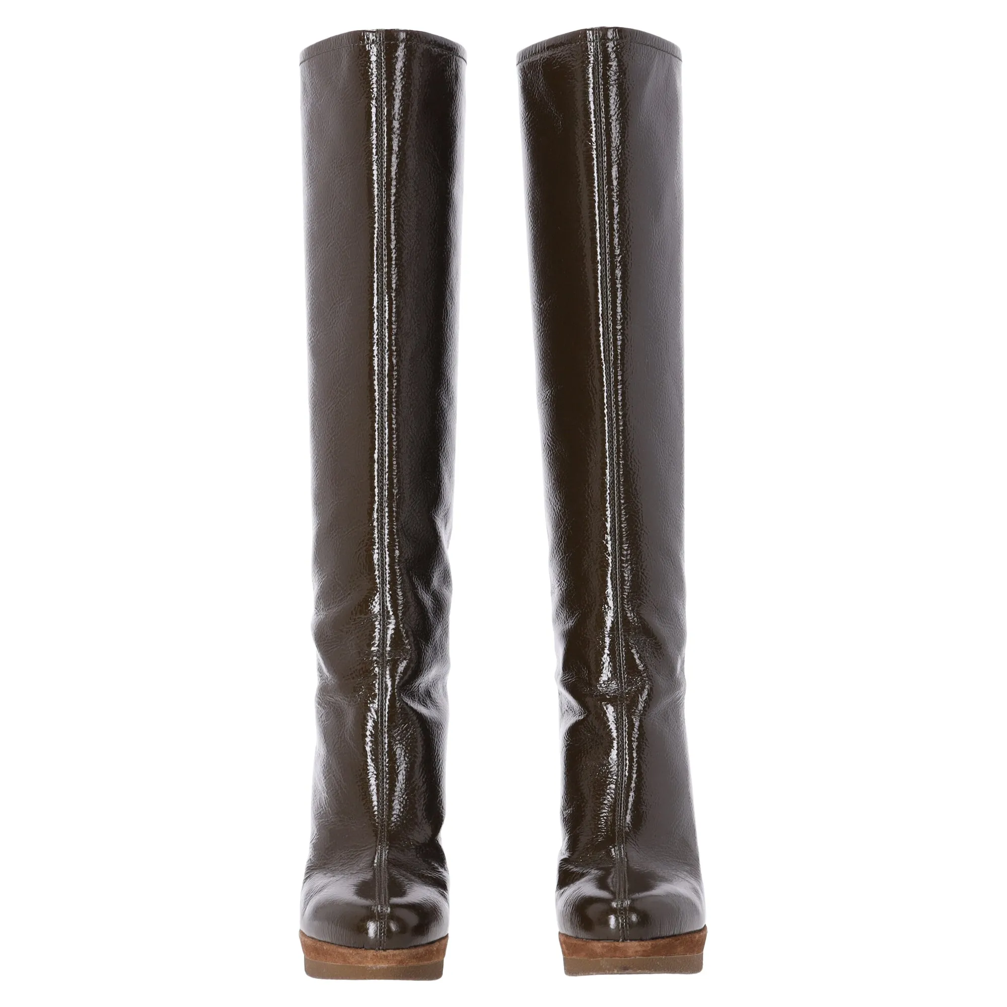 Sergio Rossi Knee-High Heeled Boots in Brown Patent Leather