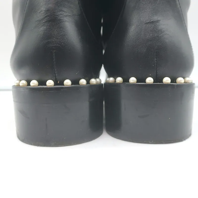 Stuart Weitzman Sondra Pearl-Trimmed Flat Combat Boots Black Leather Size 9