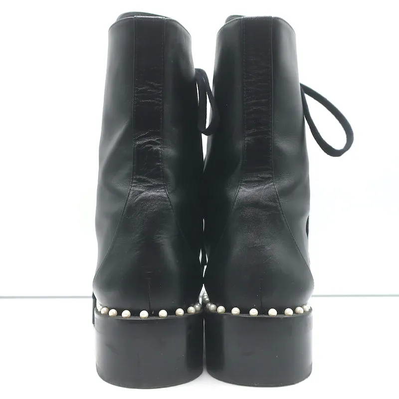 Stuart Weitzman Sondra Pearl-Trimmed Flat Combat Boots Black Leather Size 9