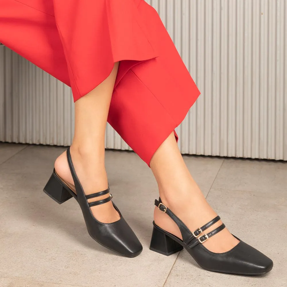 Tresmode Glampart Black Women's Dress Block Heel Slingback Pumps