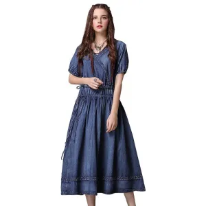 V-Neck Adjustable Waist Lantern Sleeve Swing Denim Dress